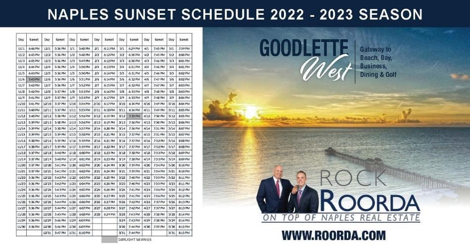 Sunset Schedule for Park Shore, Moorings in Naples, FL