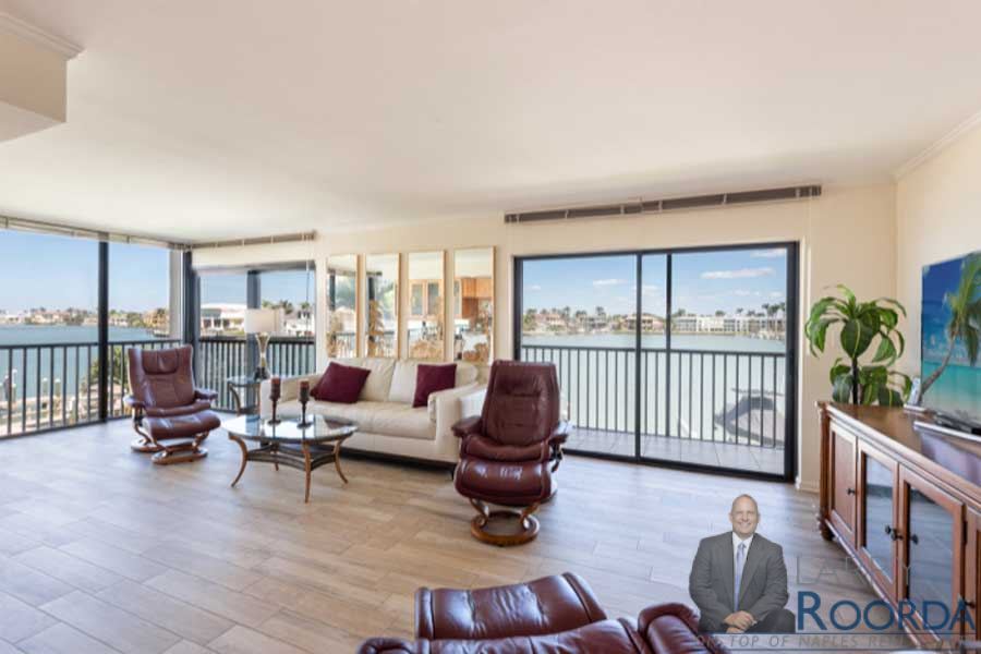 Panoramic rater views from your living room at Harbour Cove #216 The Moorings, Naples, FL. Larry Roorda Realtor.