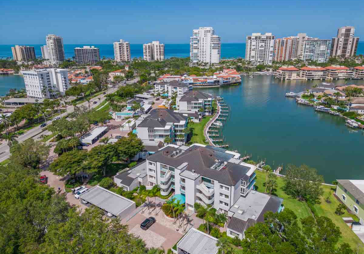 Park Shore Landings. 355 Park-Shore Dr, Naples, FL. West-facing aerial view